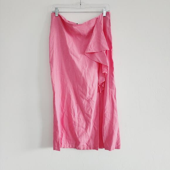 Zara Pink Midi Skirt Linen Blend with Side Slit & Ruffles Size XL - Picture 3 of 9
